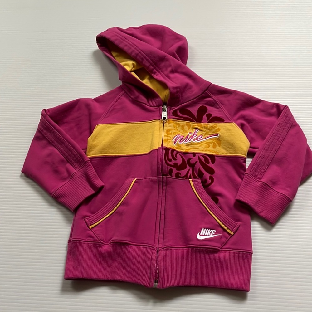 Nike hoodie, pink with yellow band, girls size 3T